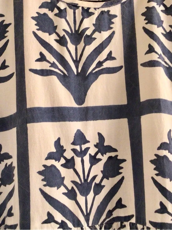 SZ Block Prints /Orti Blue and White Cotton Floral Midi Dress - Sz L - Picture 10 of 12